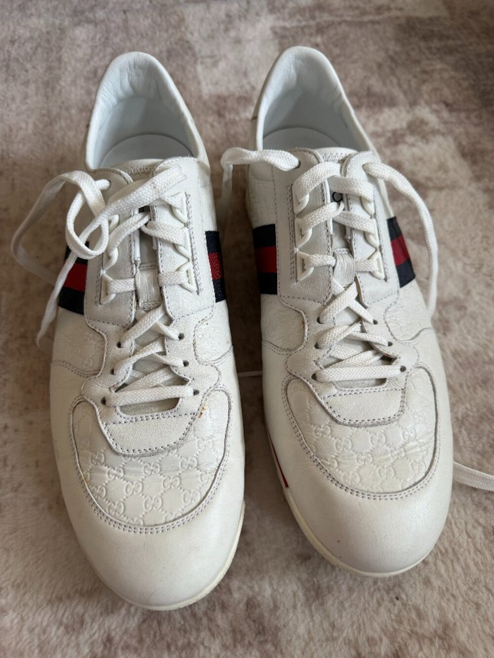 Gucci Men’s White Leather Sneakers Red Blue Web GG Embossed Size 12 - AUTHENTIC